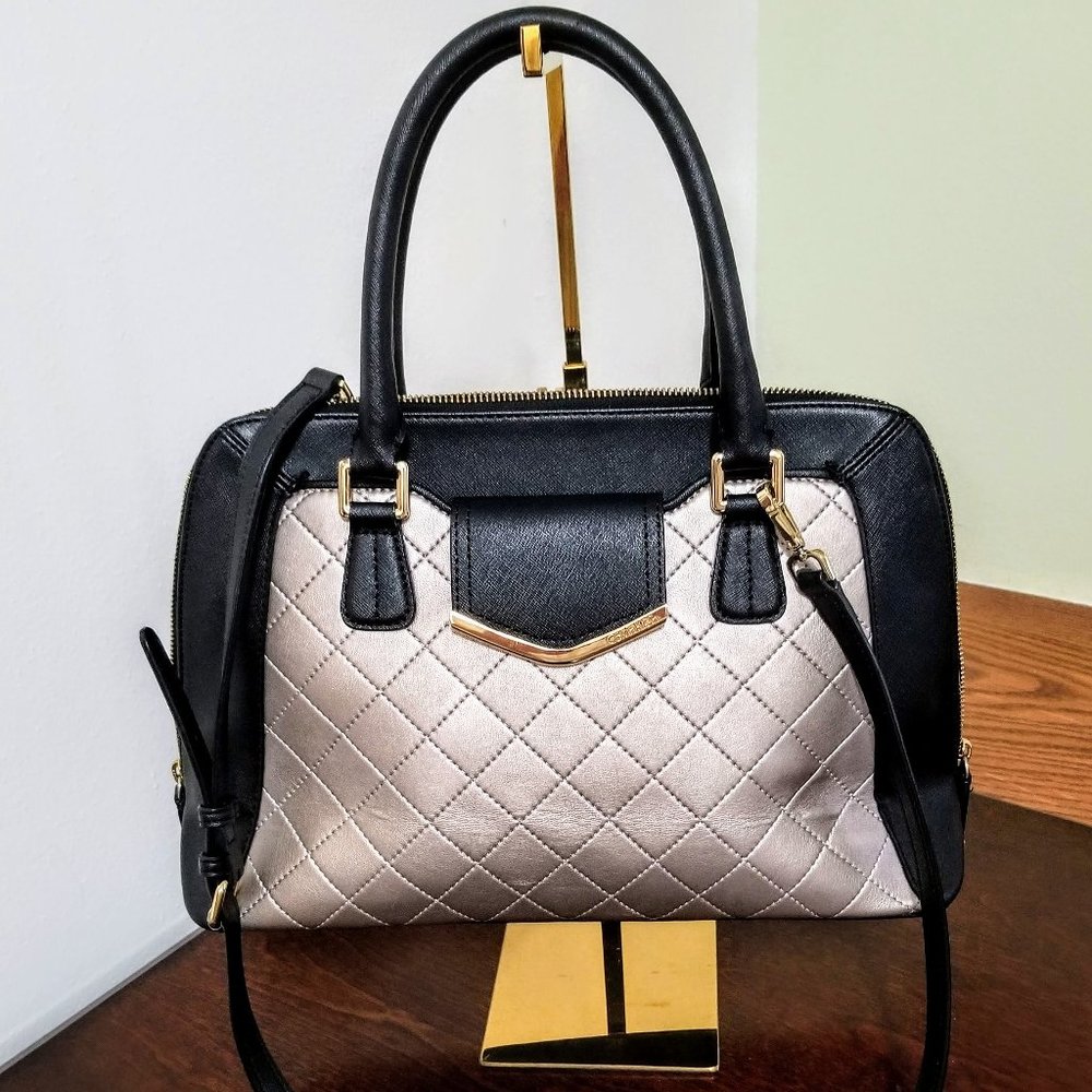 Calvin Klein Black and Beige Quilted 'Fara' Satchel with Crossbody Strap